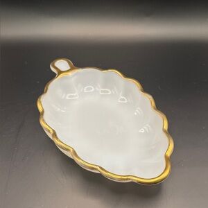 Vintage Milk Glass Leaf-Shaped Dish with Gold Edging